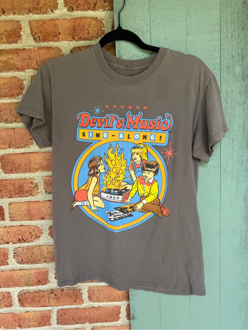 Devil's Music Sing-Along Graphic T-Shirt — Grey with Bright Retro Print